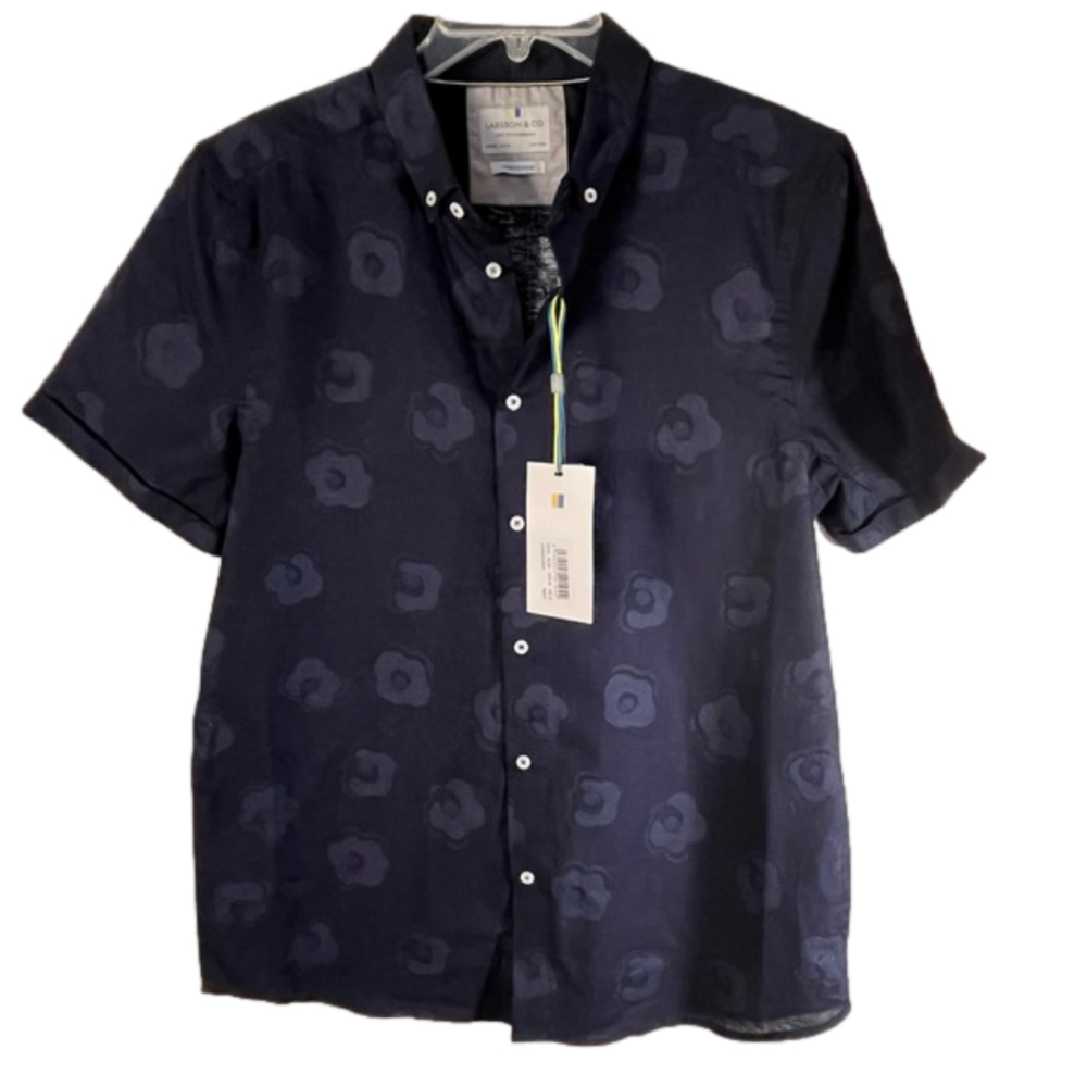 Larrson & CO Linen Cotton Blend Men’s Medium Short Sleeve Blue Button Down Shirt
